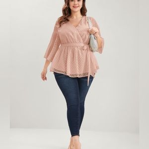 (A8) BloomChic Plain Geometric Mesh Surplice Neck Belted Blouse, Size 1X, NWT